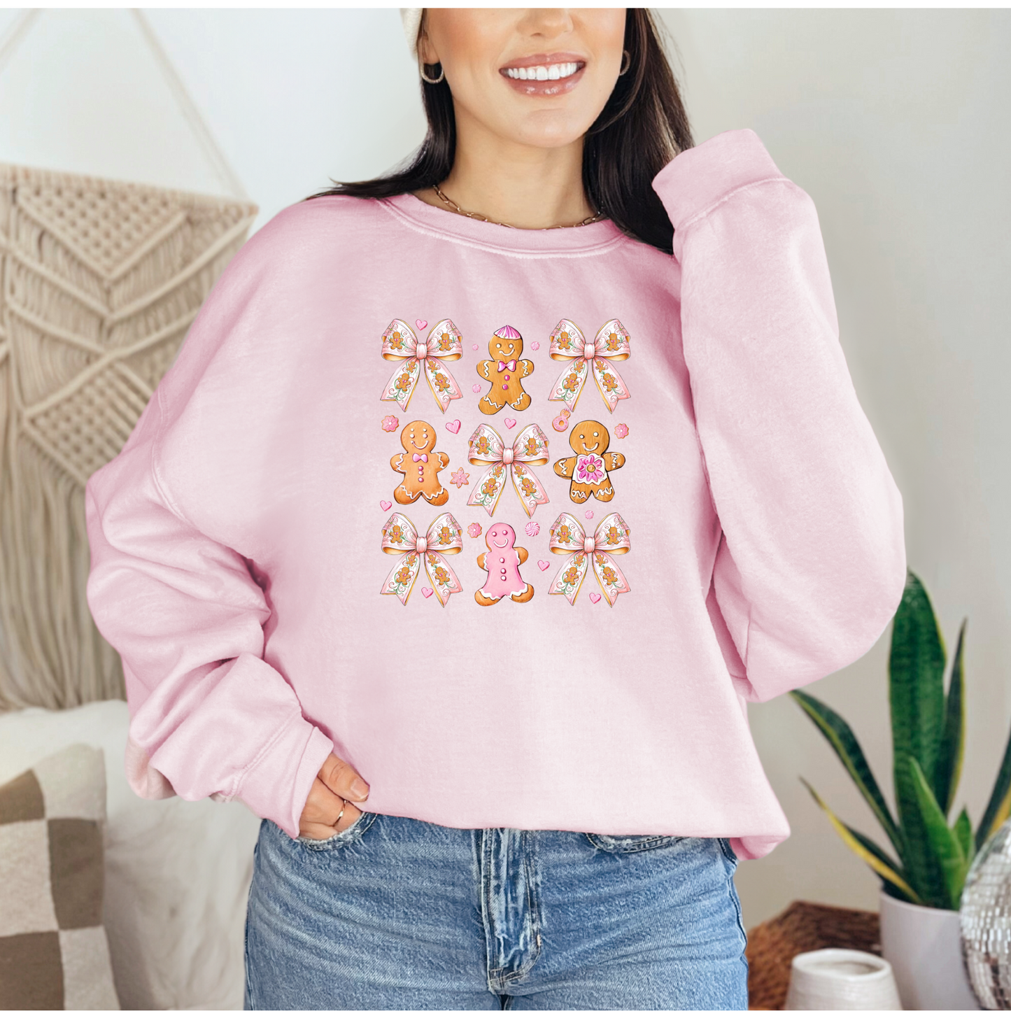 Gingerbread Bow Christmas Holiday Pink T-shirt Sweatshirt