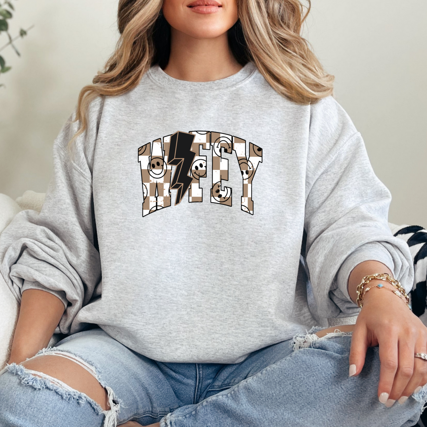 WIFEY Checkered Print T-Shirt Sweatshirt
