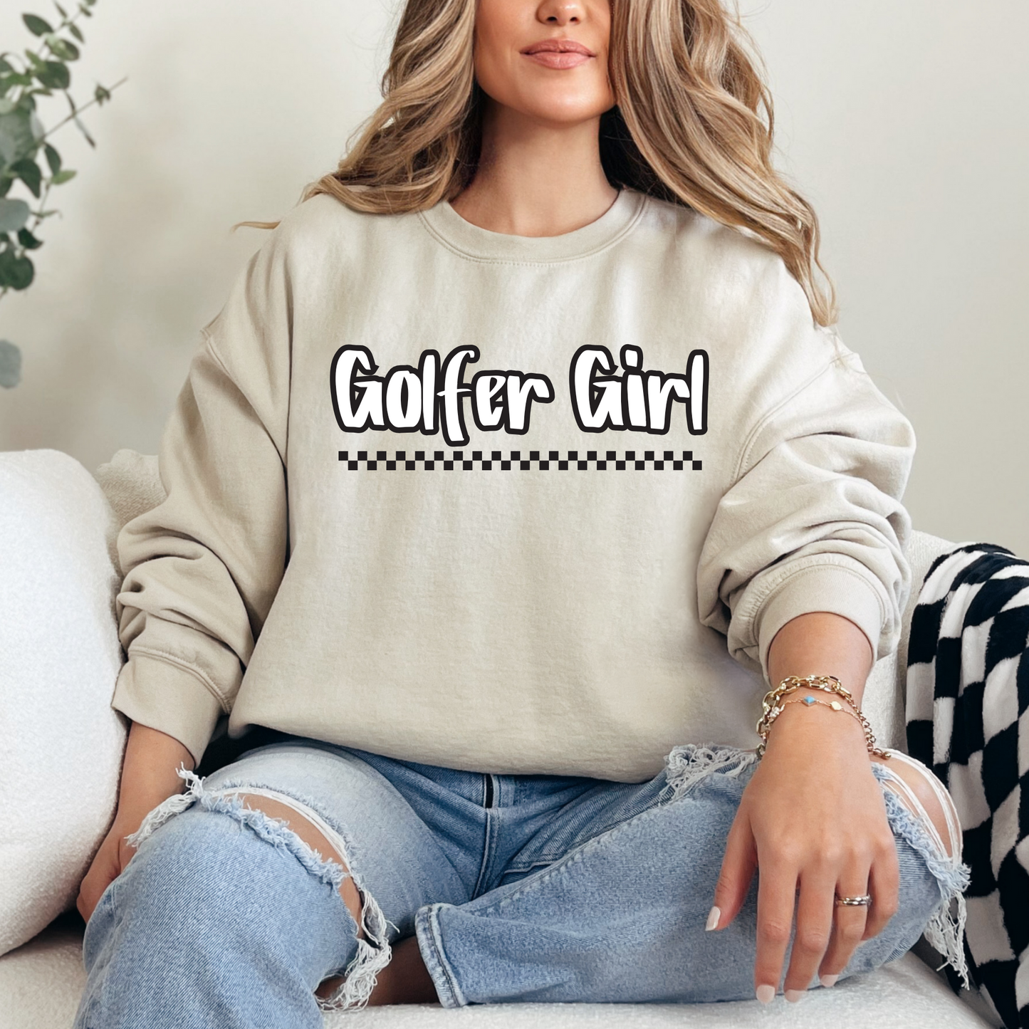 Golfer Girl Check Print White T-shirt Sweatshirt