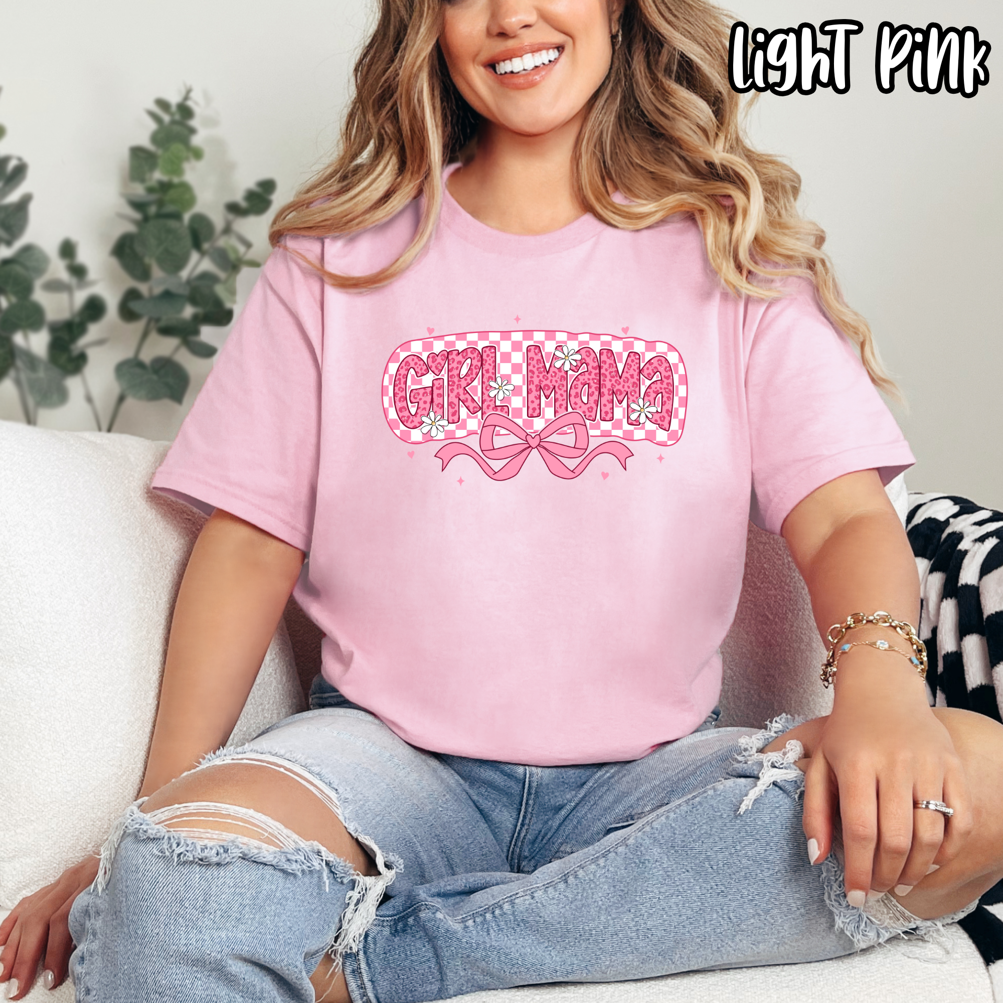 Girl Mama - Pink Bow Checkered Girl Mom - T-shirt Sweatshirt