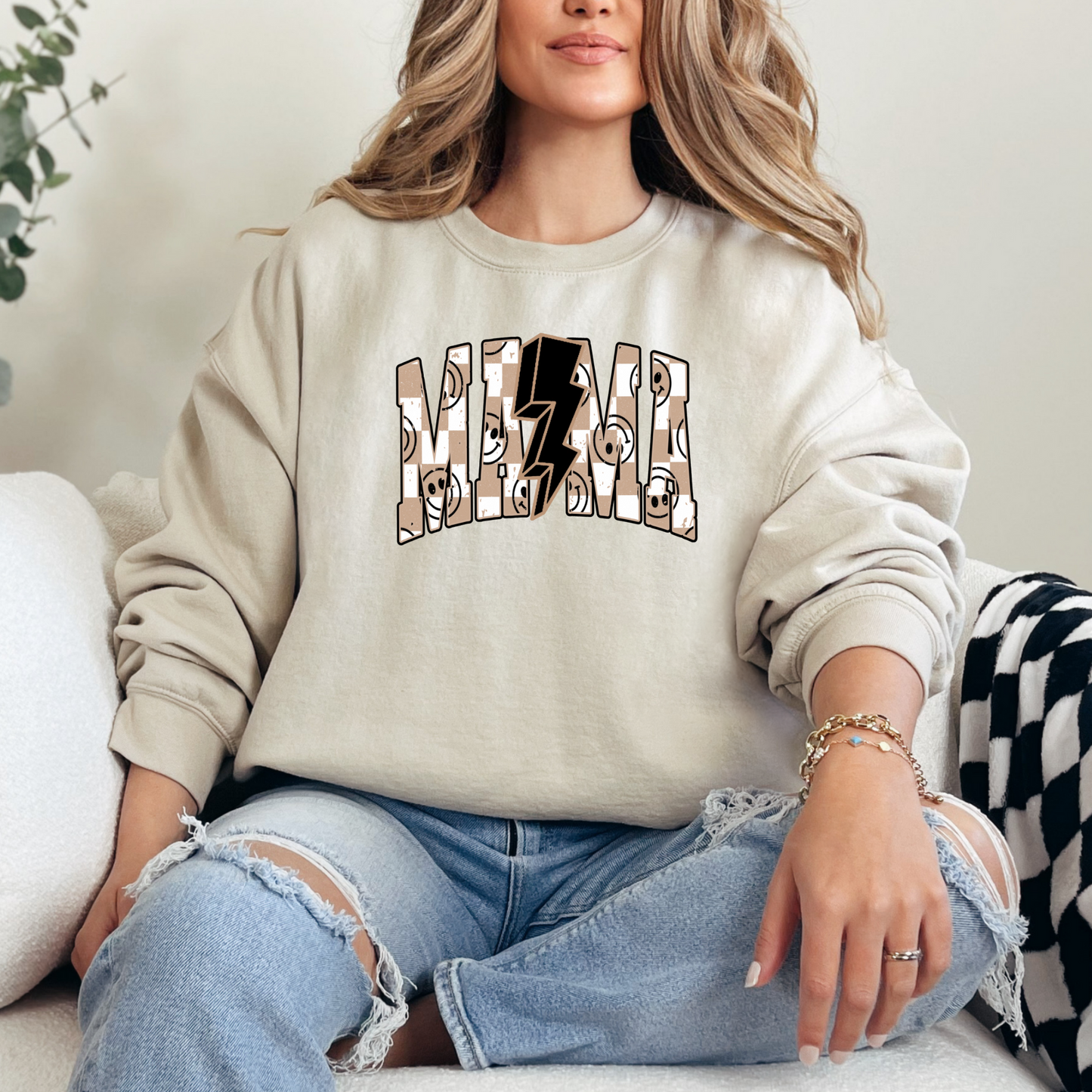 MAMA Checkered Print T-Shirt Sweatshirt