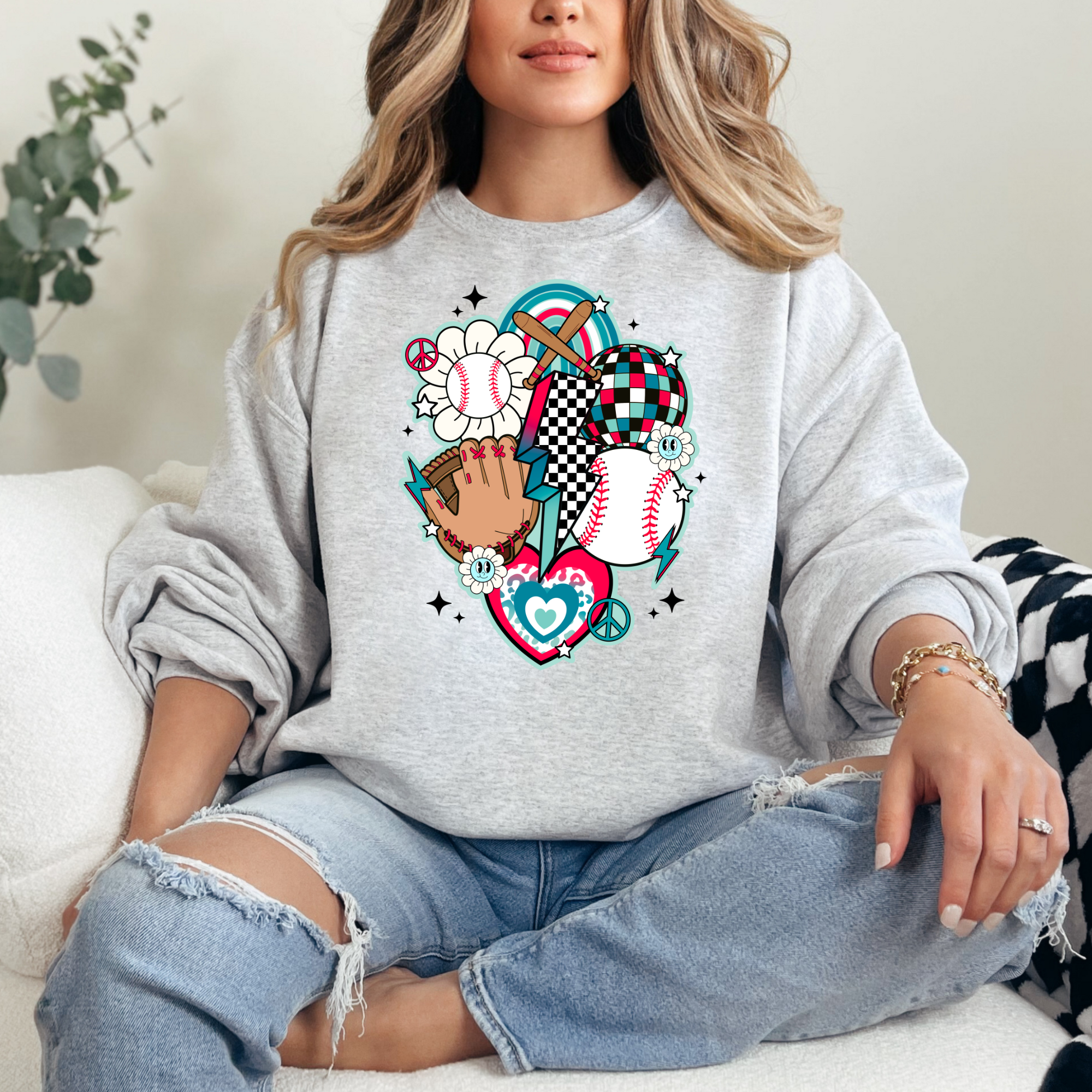 Baseball Girly Blue & Red Retro Sports T-shirt Sweatshirt
