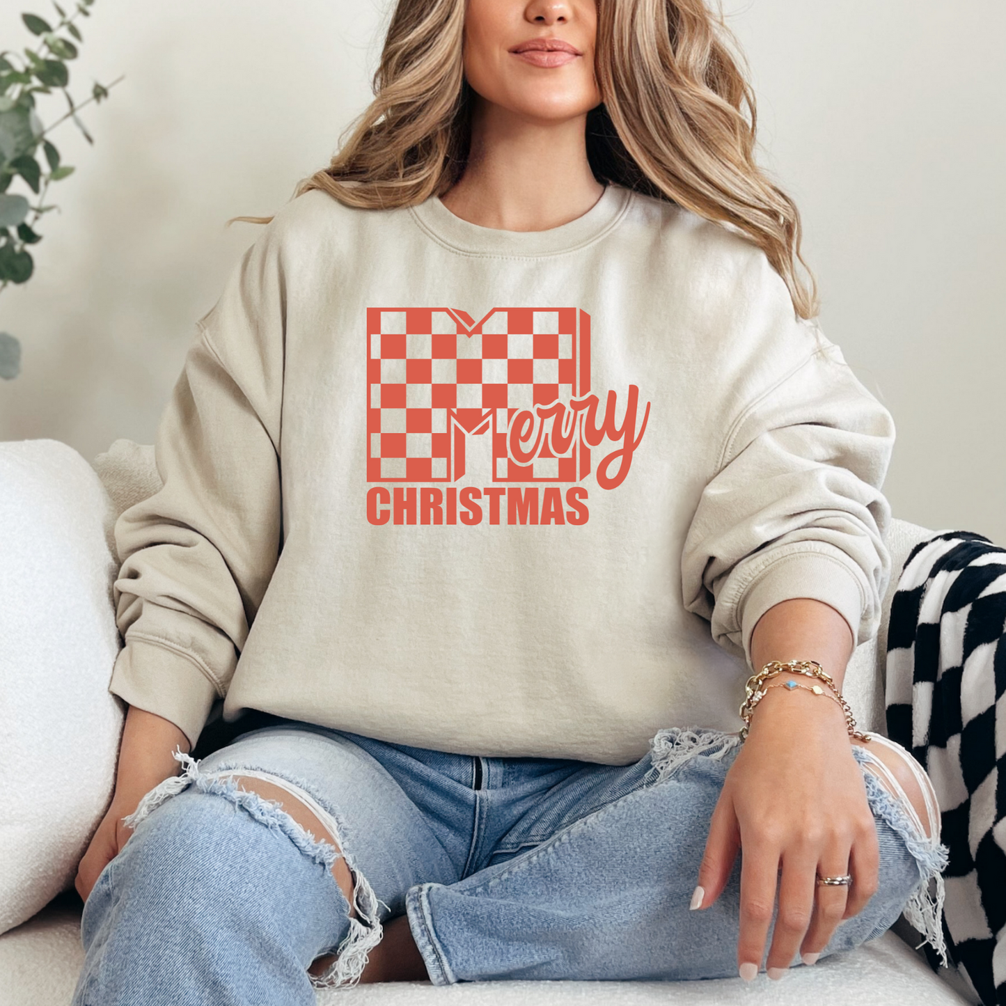 Merry Christmas Holiday Checkered T-shirt Sweatshirt