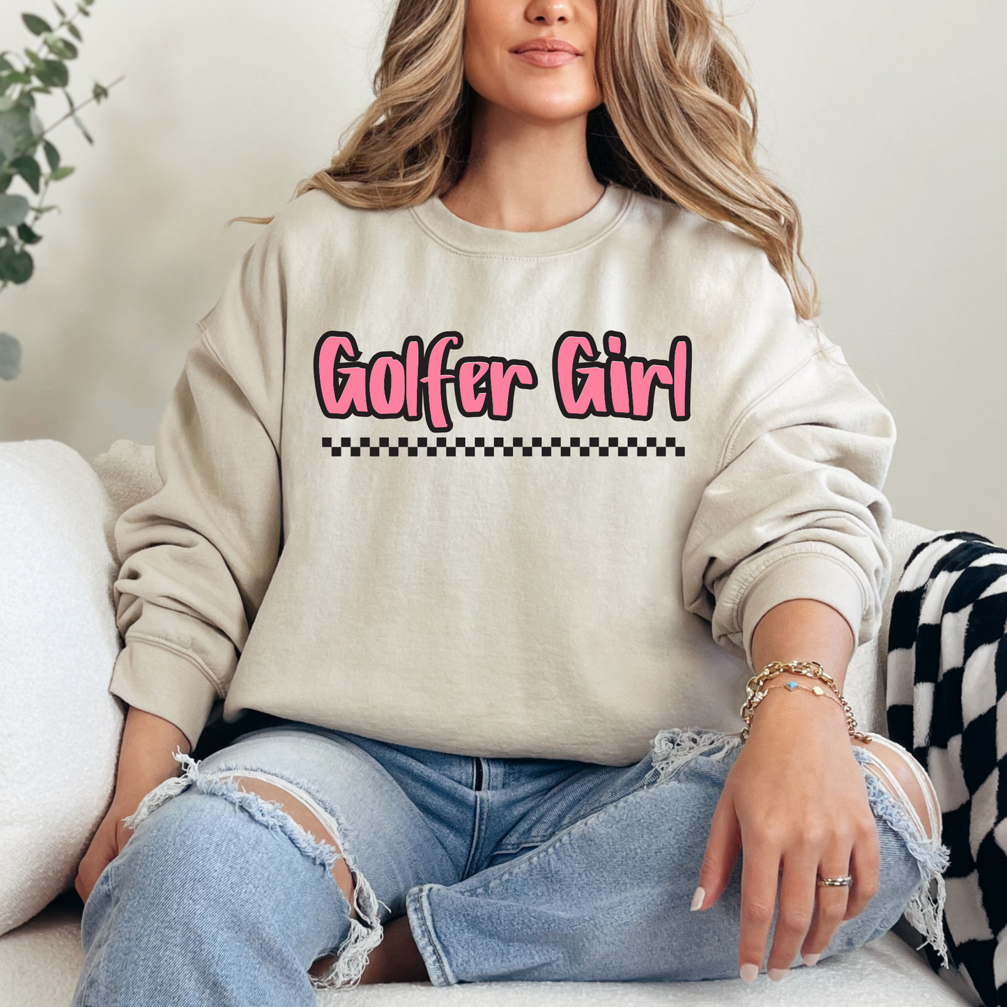 Golfer Girl Check Print Pink T-shirt Sweatshirt