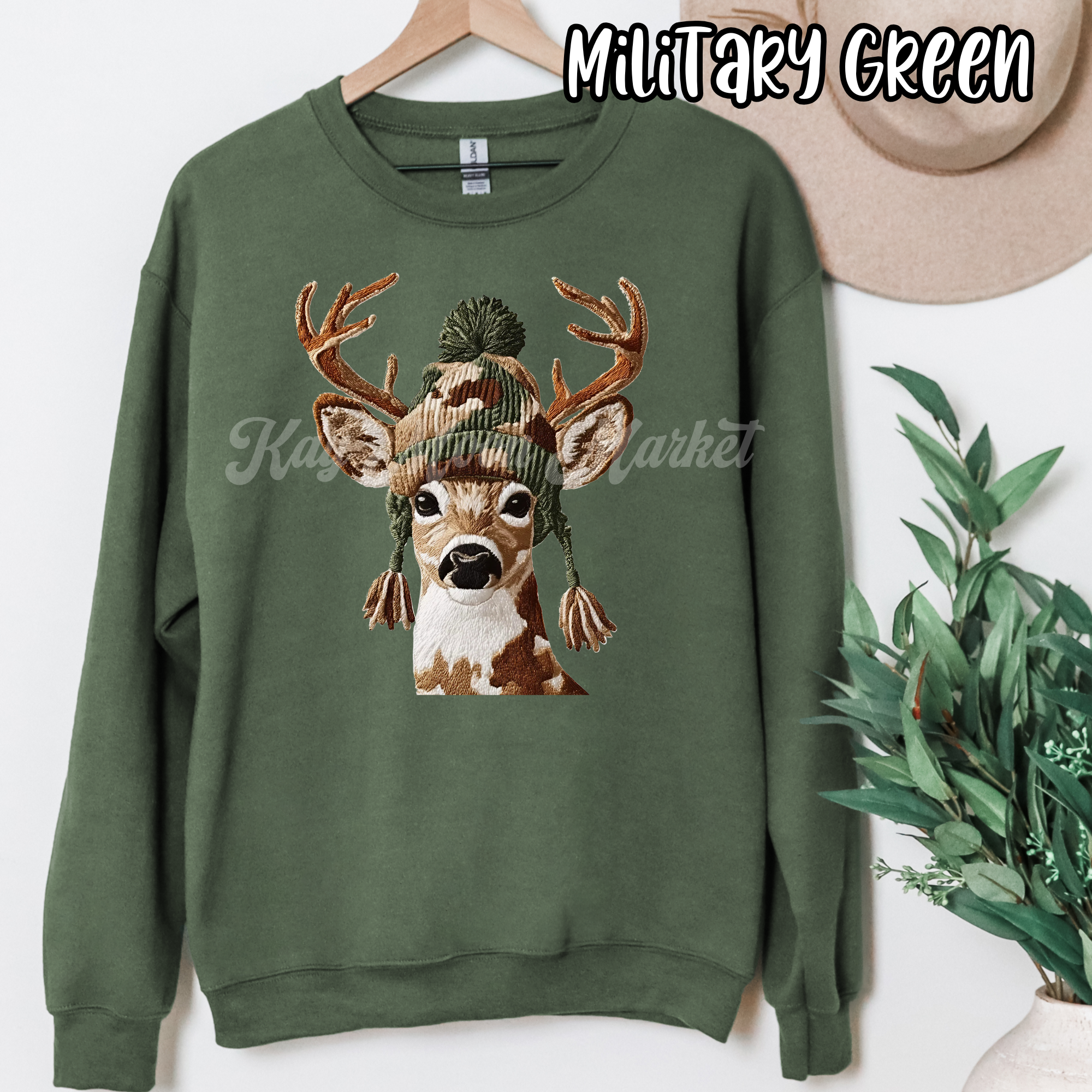 Camo Hat Deer- Faux Yarn Cute Unisex- LONG SLEEVE Military Green