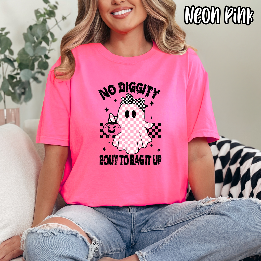 No Diggity Bout To Bag it Up - Pink Ghost Checkered Girly Fall- T-shirt Sweatshirt